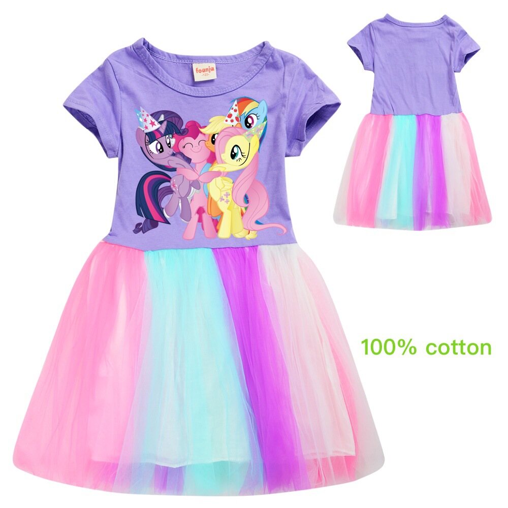 Ponys Baby Girls Gauze A-Line Princess Dress Pure Cotton Casual Round Neck Short Sleeve Rainbow Lace Dress CH072 Summer Fashion Cute Tunic Party Birthday Dresses - 3