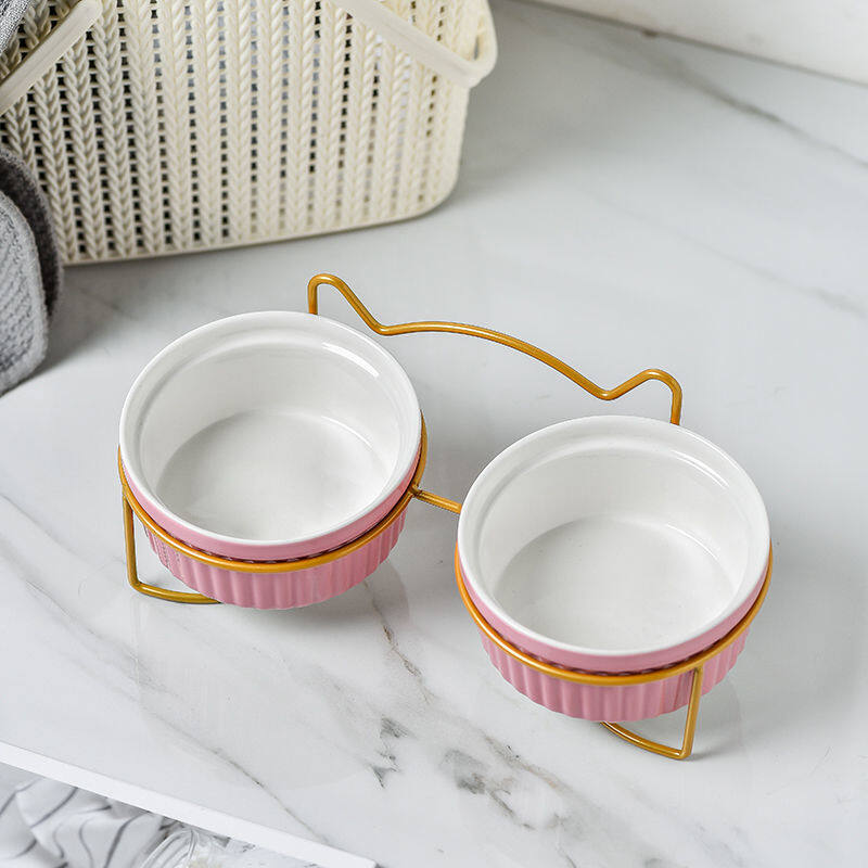 Ceramic Elevated Cat Bowl with Metal Stand Protect Spine Pet Feeder Cute Cartoon Food and Water Feeding Bowls for Cats and Puppy - 5