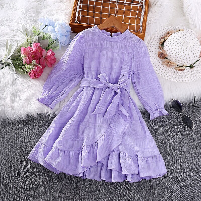 Dress Kids Girls 4-7 Years Long Sleeve Dress With Purple Irregular Lace Skirt For Girls Korean Style Princess Baby Girl Dress