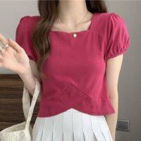 French Square Neck Exposed Collarbone Short Long Sleeved Shirt High Waisted Flower Bud Ruffled Shorts Two-Piece Set