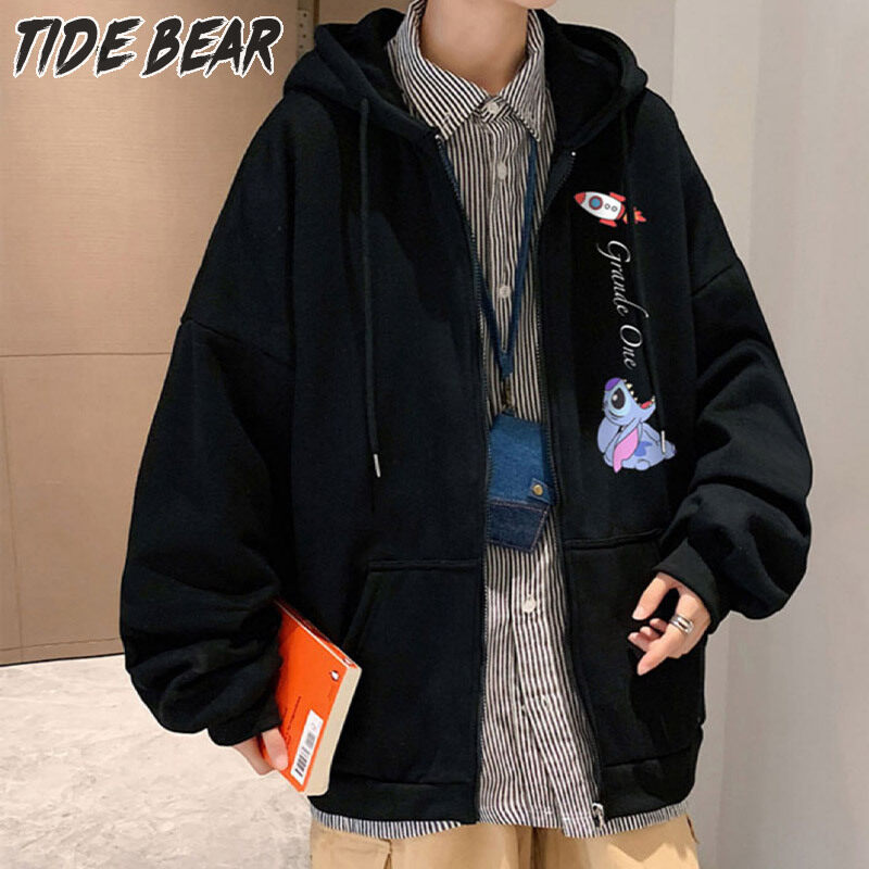 TIDE BEAR áo hoodie nam Người Đàn Ông Của màu trơn Dây Kéo Cardigan Comfort Vải Áo Hipster Lỏng Trùm Áo khoác thể thao