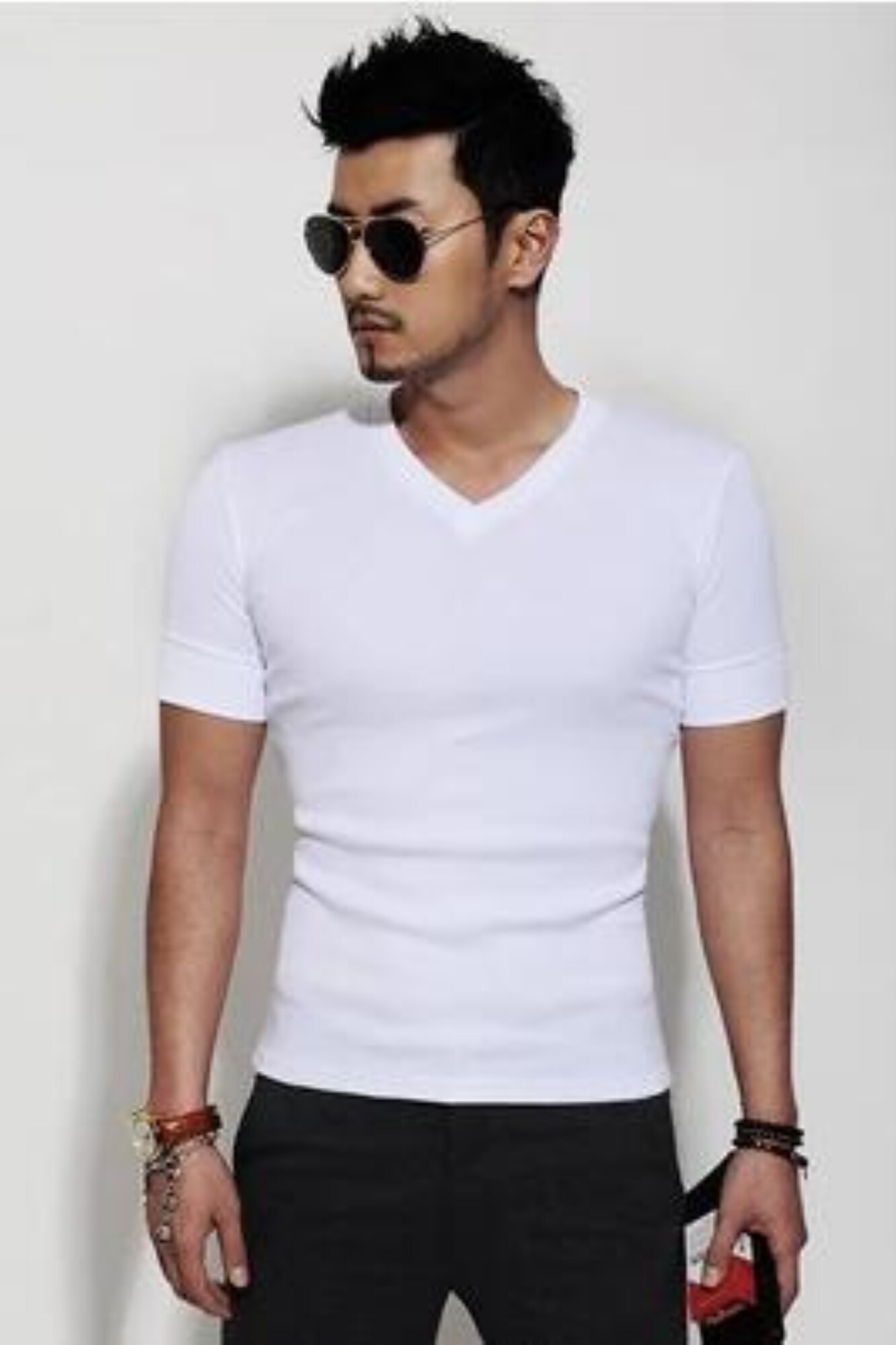 {hot} Free shipping Summer men 39;s fashion V collar short sleeve T shirt half base pure cotton plain casual underwear low