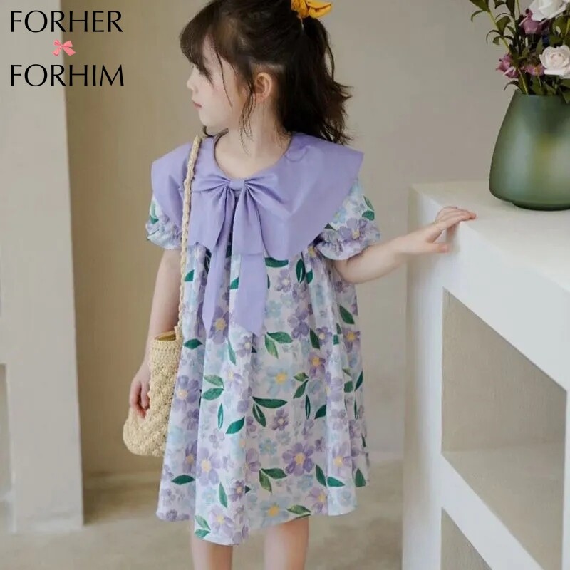 Forher forhim quần áo trẻ em hàn quốc đầm mùa hè 2022 đầm công chúa in hoa phiên bản hàn quốc cho bé gái đầm tay ngắn nơ ve áo lớn fh3183