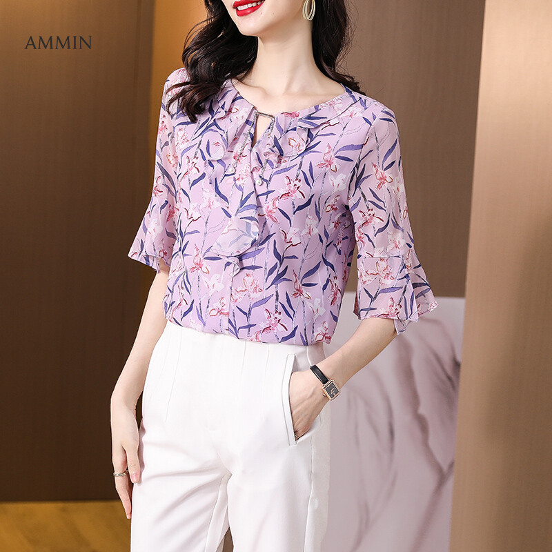 Áo AMMIN Tay Áo Ba Phần Tư Gió Nhẹ, Áo Cổ Tròn Đính Ngọc Trai Trang Trí Thanh Lịch Ngọt Ngào Của Mùa Hè 2021 Áo Voan In Hoa Tay Loe Phong Cách Phương Tây Cao Cấp Thời Trang Mới