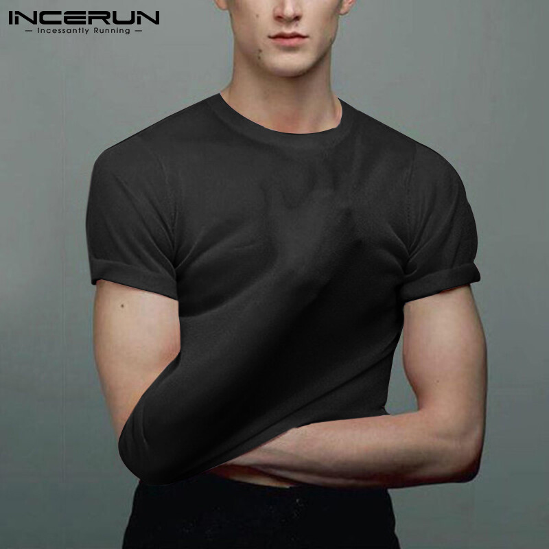 (Phong Cách Phương Tây) INCERUN Áo Thun Nam Xuyên Thấu Áo Lót Cổ Tròn Lưới Tay Ngắn Áo Thun