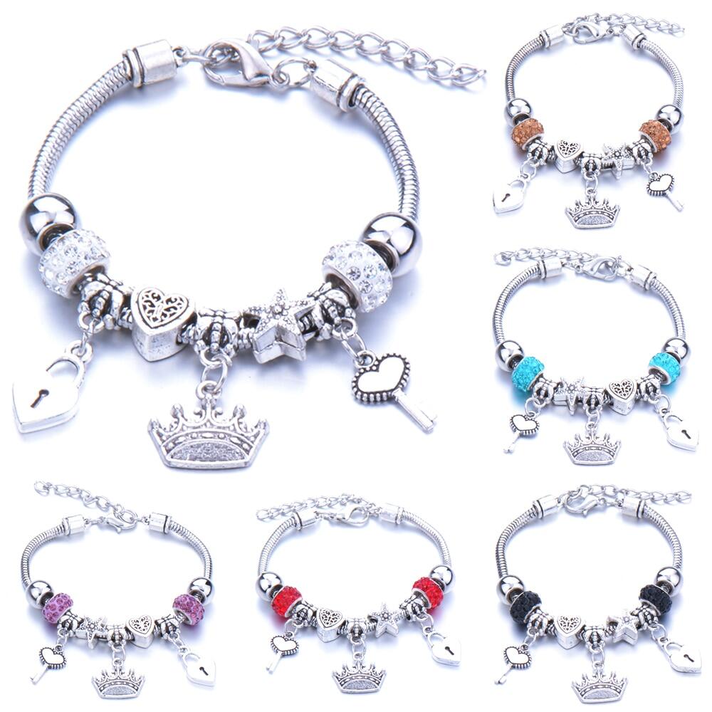 WGK Antique Original Vương Miện Key Lock Shape 6 Màu Sắc Charm Vòng Tay Cho Phụ Nữ Hạt Thủy Tinh Thương Hiệu Bracelet & Bangle DIY Trang Sức Quà Tặng