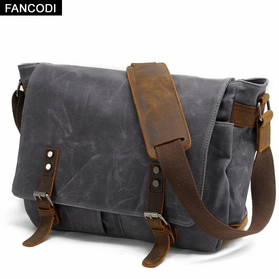 FANCODI Fashion Military Leather Canvas Sling Bag Men Crossbody Bag Men Shoulder Bag Male Messenger Bags Leisure Casual Satchel Handbag Flap Vintage M400