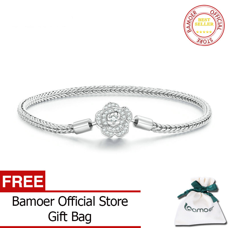 BAMOER 925 Sterling Silver Zircon Rose Buckle Bracelet Snake Chain for Women Bead Charm DIY Chic Jewelry Gift BSB096 ราคา 2,811 บาท*ส่งฟรี