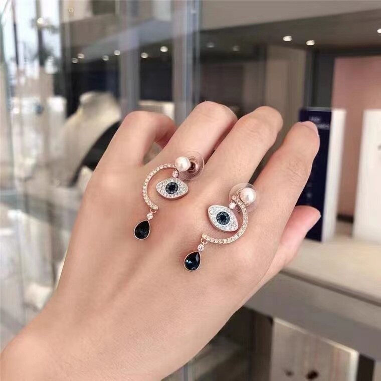 Bông tai thả hình mắt ác tượng trưng bông tai ngọc trai pha lê xanh dương cho nữ