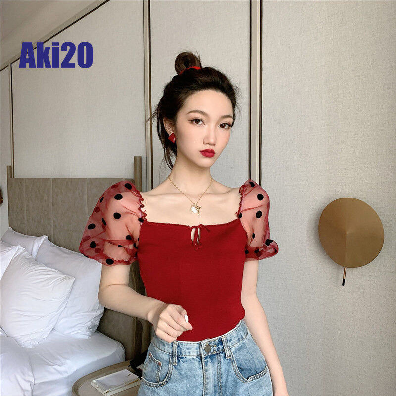 Aki20 Polka Dot lưới tay áo bong bóng chắp vá Áo Đan cho phụ nữ 2024 mùa hè mới Hàn Quốc sexy xương đòn siêu hot T-Shirt cho phụ nữ áo kiểu nữ đẹp hot hiện nay 2024