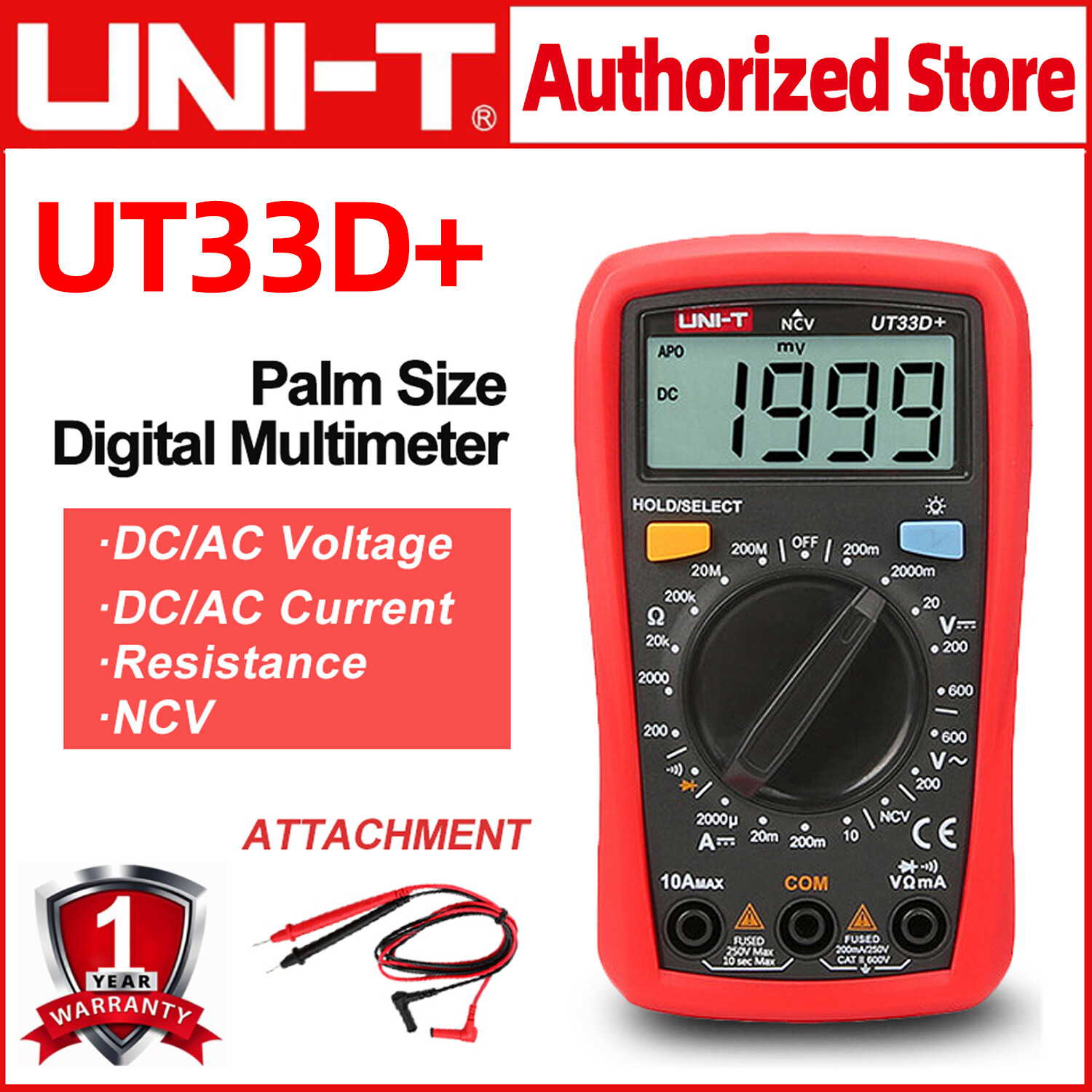 (Sẵn sàng) UNI-T ut33d + Đồng hồ vạn năng kỹ thuật số Mini 600V NCV Kích thước lòng bàn tay phạm vi AC DC Vôn kế Ampe kế máy đo điện trở