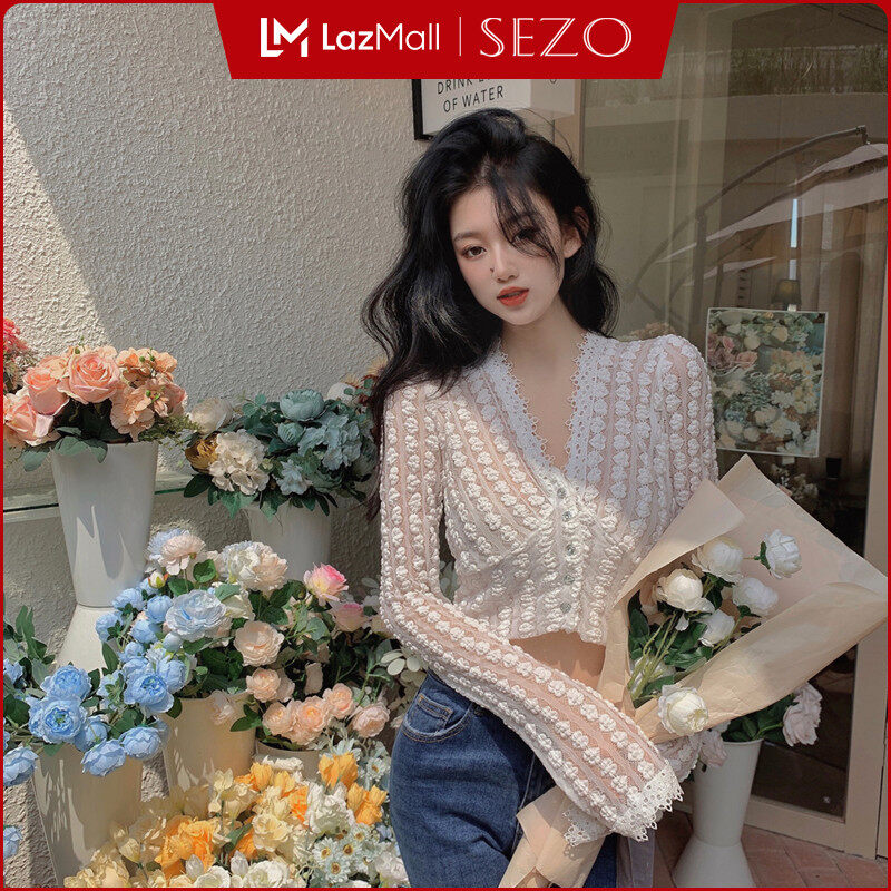 Sezo áo tay ngắn cổ tim khoét lỗ tay phồng phong cách hàn quốc cho nữ