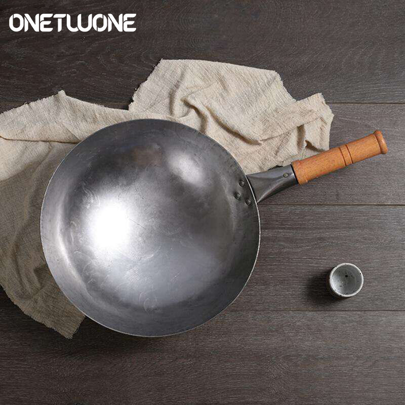 Onetwone high quality Iron Pot Pans Wok Traditional Handmade Iron Wok Professional Chef Pan with Wooden Handle Non-coating Gas Cooker Cookware for Restaurant ราคา 879 บาท*ส่งฟรี