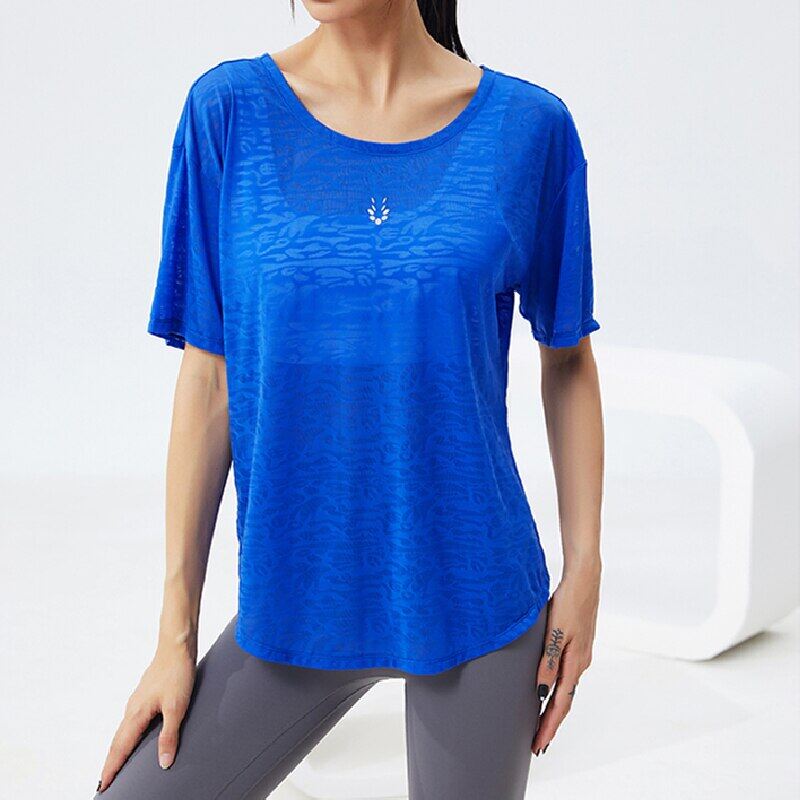 ELU 2022 Summer New Translucent Cutout Breathable Short Sleeve Loose Run Gym Workout Tops Women Fashion Yoga Fitness Sports Shirt