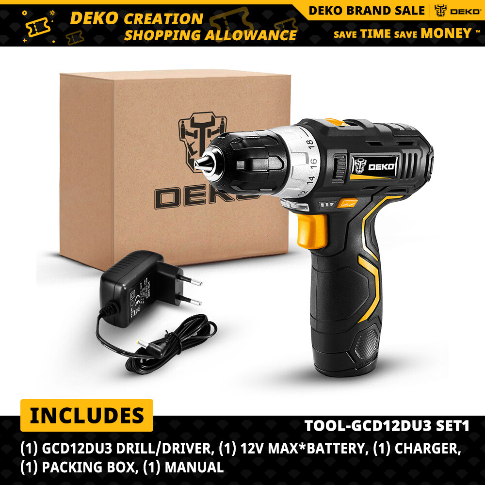 Deko tuốc nơ vít điện gcd12du3 s1/s2 12v máy khoan điện một chiều điều khiển điện mini máy khoan mini 3/8 inch 2 tốc độ 32n. m