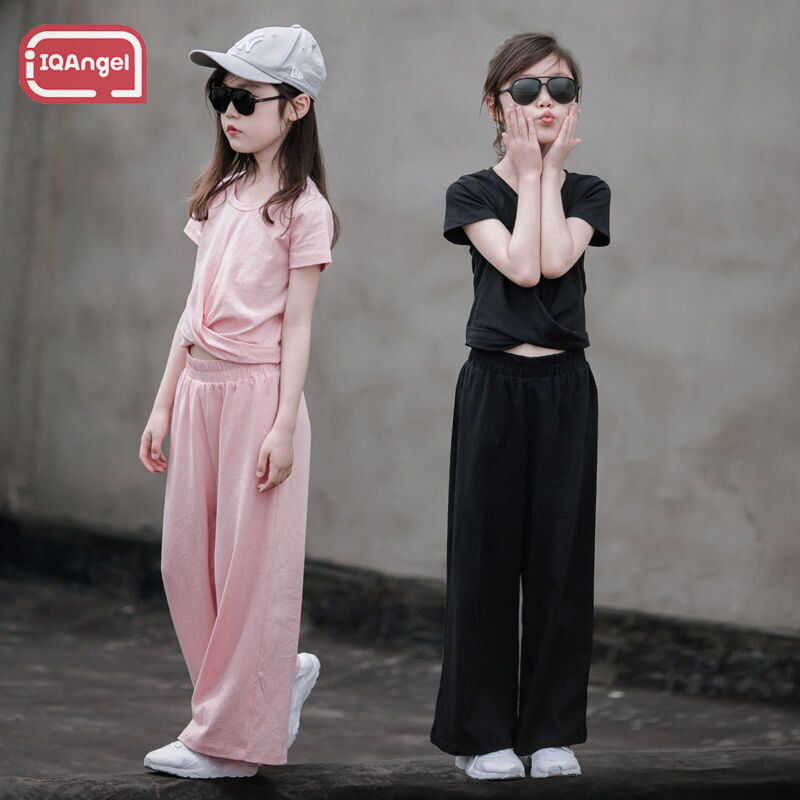Iqangel bộ đầm mùa hè cho bé gái quần ống rộng tay ngắn cho bé gái trẻ em lớn trung bình mới 2023 quần ống rộng tay ngắn cho bé gái xu hướng hai mảnh