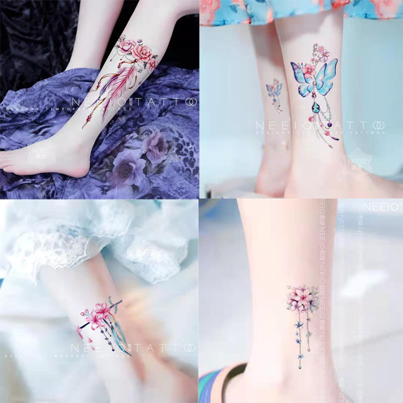 Miếng Dán Hình Xăm Tạm Thời Trang Sức Lông Vũ Hoa Hồng Chống Nước Bền Cho Bắp Chân Cánh Tay Nữ