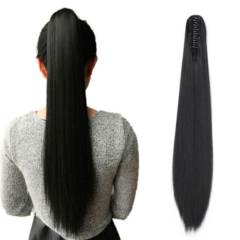Kẹp Tóc Đuôi Ngựa Dài Bằng Sợi Tổng Hợp 24Inch Trong Phần Mở Rộng Tóc, Tóc Giả Màu Đen Tự Nhiên