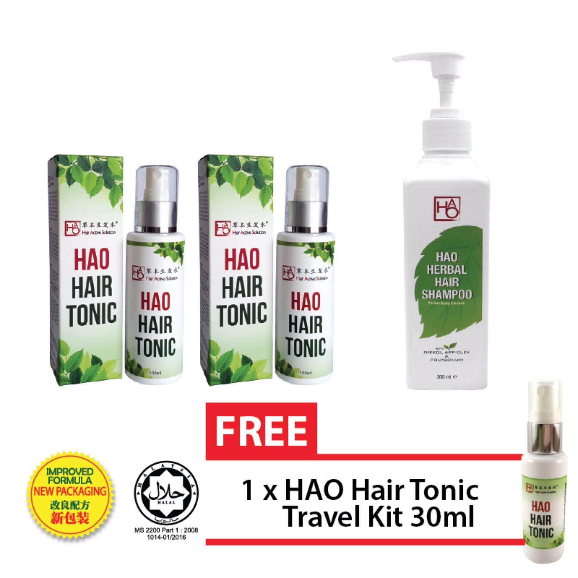 HAO Hair Revitalisation Set - HAO Hair Tonic 100 ml Twin Pack (Halal) & HAO Herbal Hair Shampoo 300ml with ˝Nikkol App-Clev˝