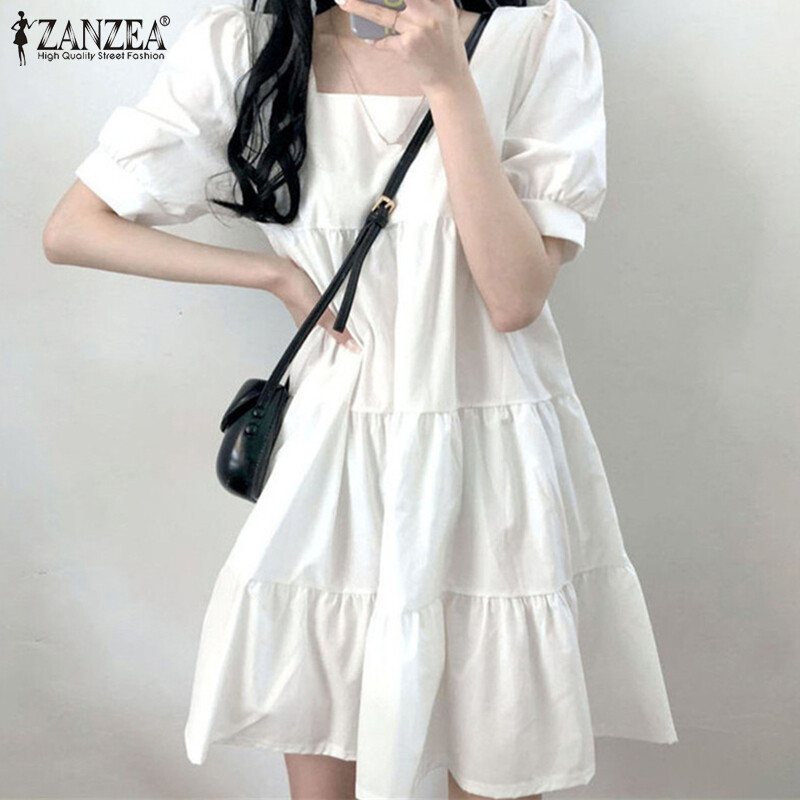 Zanzea đầm xòe cổ vuông tay ngắn phong cách hàn quốc cho nữ đầm tầng dự tiệc màu trơn #9