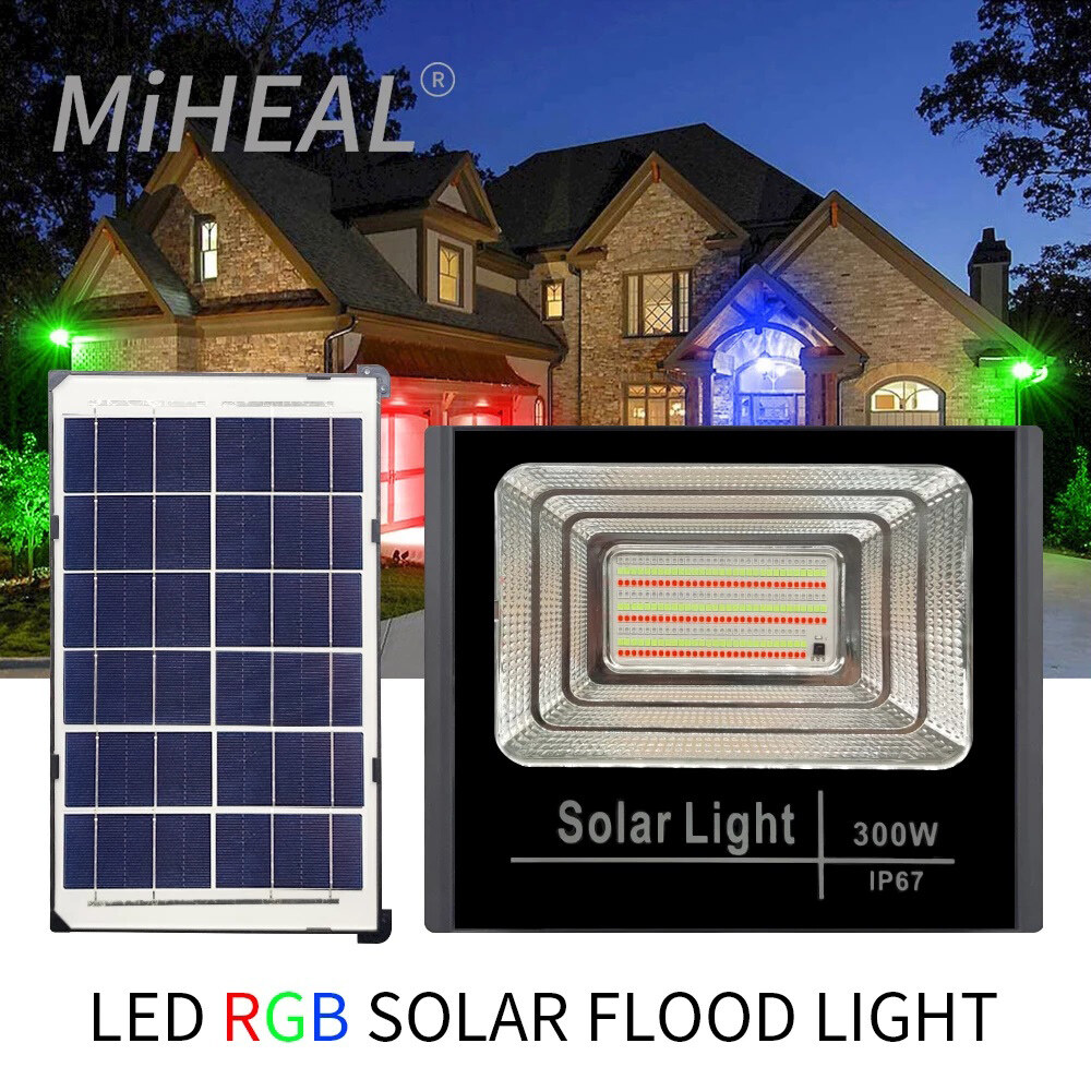 Miheal đèn pha led năng lượng mặt trời rgb đèn năng lượng mặt trời rgb chống nước ip67 100w 200w 300w với màu điều khiển từ xa đèn sân vườn
