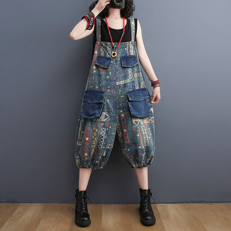 In hình học 7 điểm Crop Quần ống rộng treo BIB pinafore Quần yếm denim jeans đối với phụ nữ M L XL XXL