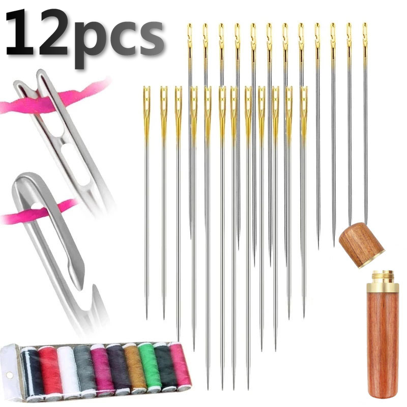 12 chiếc kim tự ren đa kích thước lỗ bên bằng thép không gỉ gia dụng thủ công tự làm khâu bộ kim