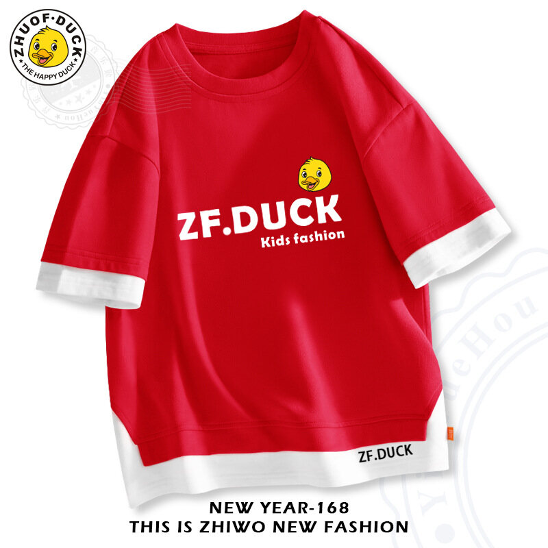 ZF.DUCK Cartoon T-shirt for Boys Girls Children's Summer Short-sleeved Drop-shoulder T-shirt Fake Two Pieces of Clothing Loose Half-sleeve 0000 - 2