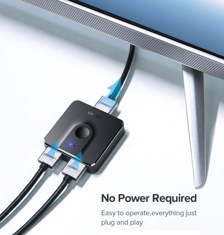 Ugreen Bi-Directional HDMI Switch 4K switcher 6 <strong>NOTE:</strong> 2 monitors CANNOT display simultaneously. --- The total length of HDMI cable should be less than 5M at 4K resolution, and less than 15M at 1080P. --- The product does not support automatic signal detection , and channel 1 is selected by default after power-on. --- The product itself does not include HDMI cables --- If the HDMI switcher does not work,please check your input device whether with external power,the use of the connection wire is consistent with the requirements of the standard wire.