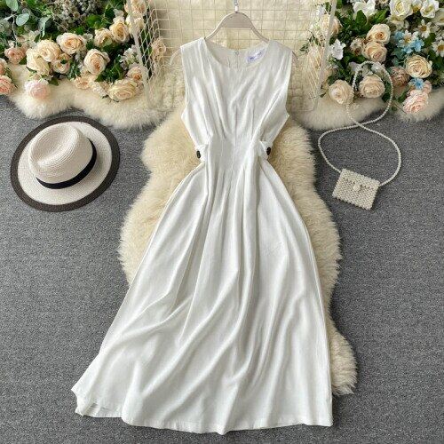 Đầm Nữ Công Sở Thanh Lịch Đầm Mùa Hè Không Tay Chữ A Màu Trơn Áo Choàng Nữ Cạp Cao Cổ Điển Hàn Quốc Dresses
