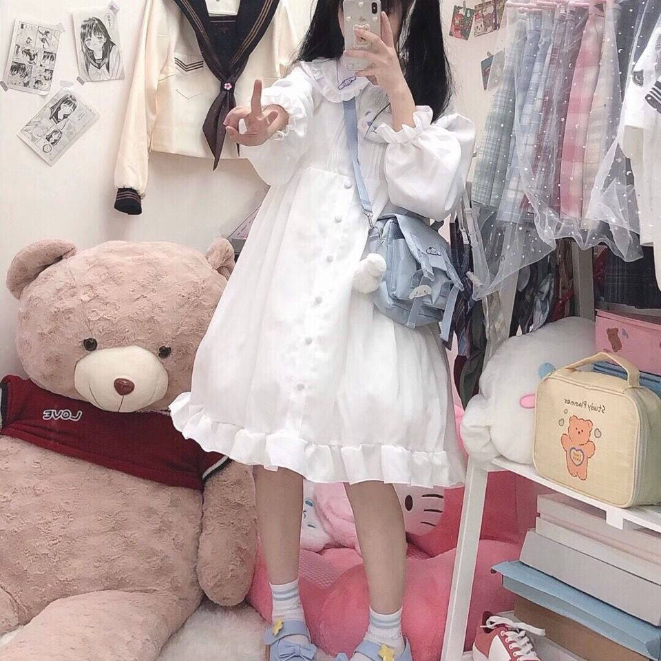 Lolita soft girl fairy dress spring Japanese style soft girl doll collar lace up ruffled dress cute female