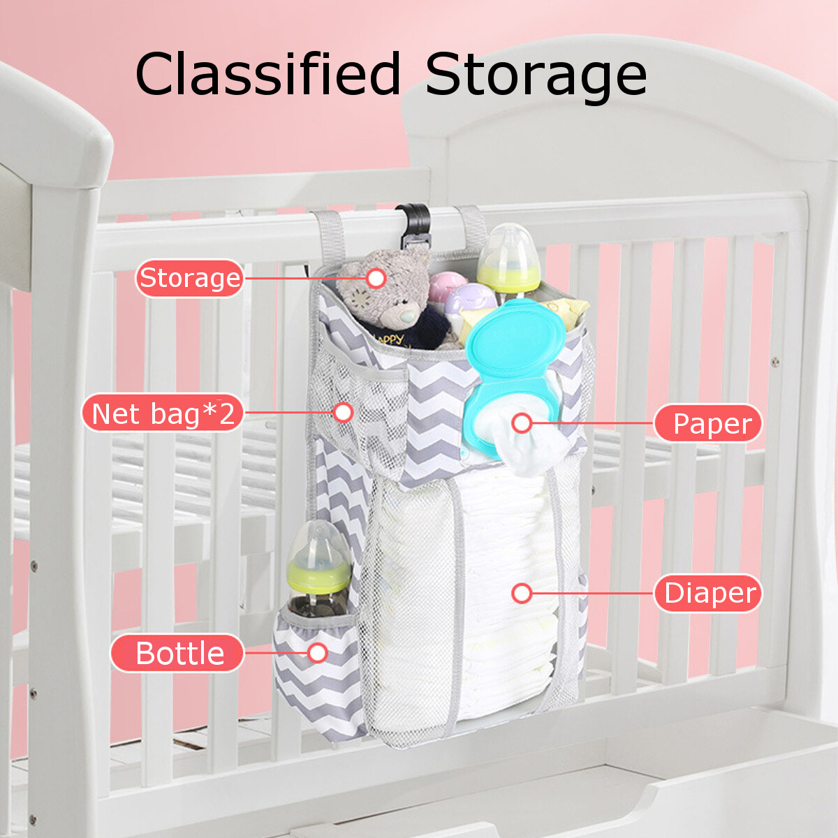 Generic Baby Crib Cot Bed Storage Bag Hanging Pocket Diaper Nappy Clothes Organizer Bag Grey