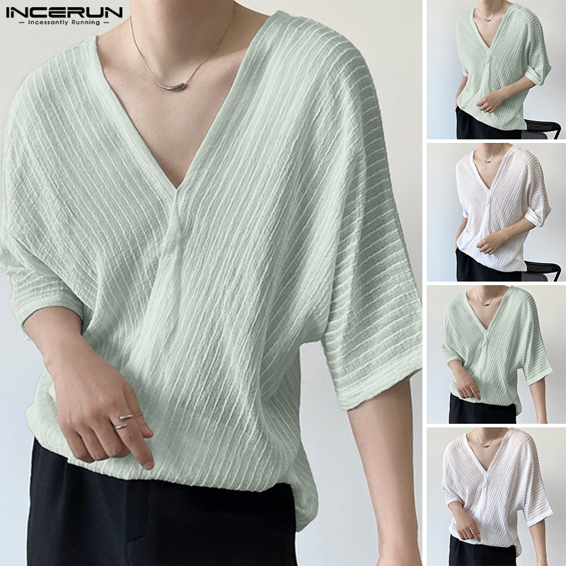 Charmkpr store incerun áo thun lưới sọc cổ chữ v tay ngắn cho nam áo thun rộng thường nhật