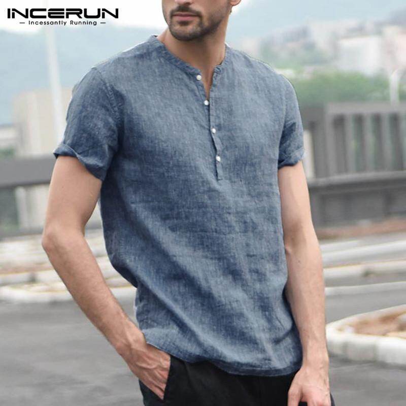 Áo Phông INCERUN Tay Ngắn Cho Nam Áo Thun Không Cổ Chữ V Vải Lanh Thường Ngày Không Cổ Thoáng Khí Màu Trơn