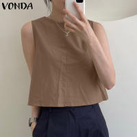 VONDA Women Fashion Casual Crew Neck Sleeveless Tank Button Solid Color Top (Korean Causal)