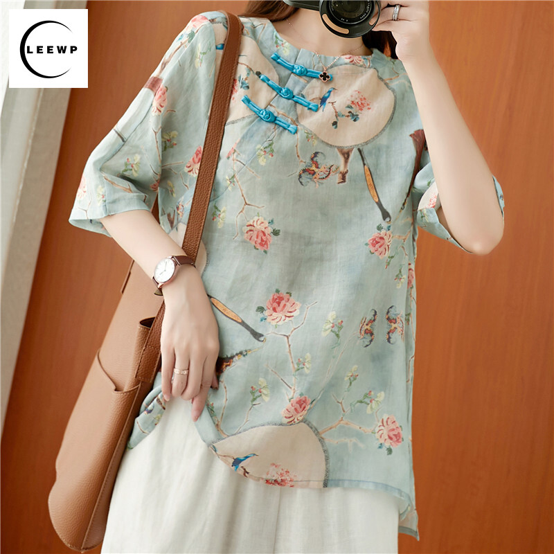 Áo Vải Lanh Và Cotton In Họa Tiết Cổ Điển Chinoiserie Ramie