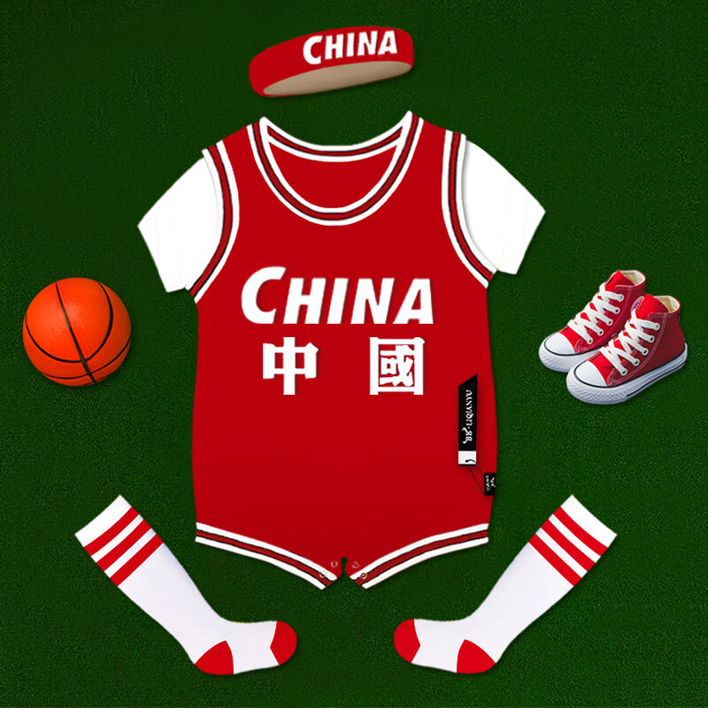 China Kids Basketball Jerseys Set Boys Girls Newborn One-piece Basketball Uniform White Bottom Red Striped Socks Hair Band Shoes Rompers