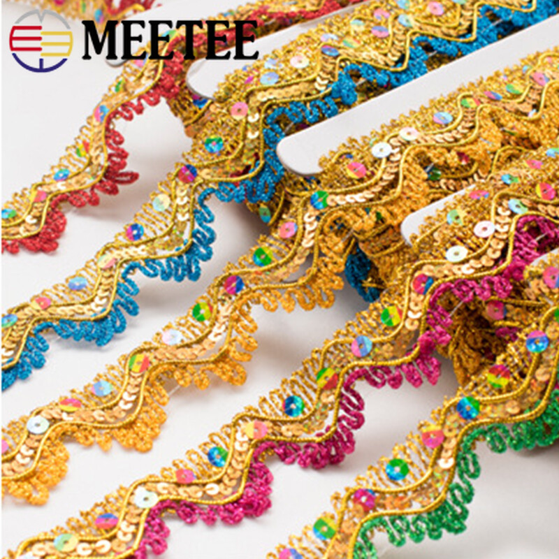 8.5Meters Sequins Golden Silk Triangle Lace Trim Ribbon Ethnic Clothes Truck Buddha Decor Webbing