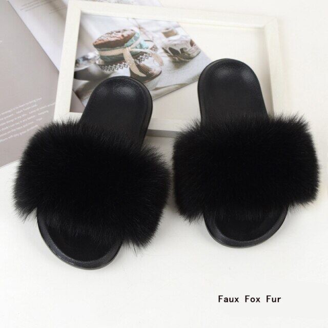 ฤดูหนาวผู้หญิงหรูหรา Faux Fox ขนสัตว์กลางแจ้งรองเท้าสุภาพสตรีรองเท้าใส่ในบ้านหญิงขนปุยหิมะรองเท้าสาวรองเท้าแฟชั่นสำหรับงานปาร์ตี