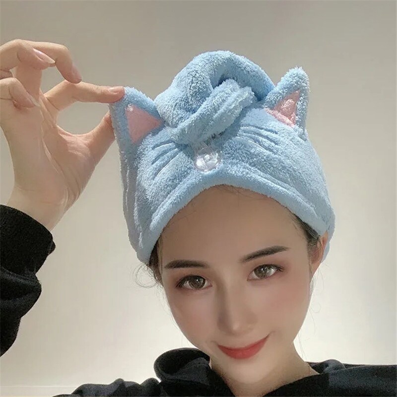 （Cheese cake）☈▧ Cute Cat Hair Cap Microfiber Towel Long Quick Dry Hat Bath Strong Water Absorbent Women Wrap Wiping