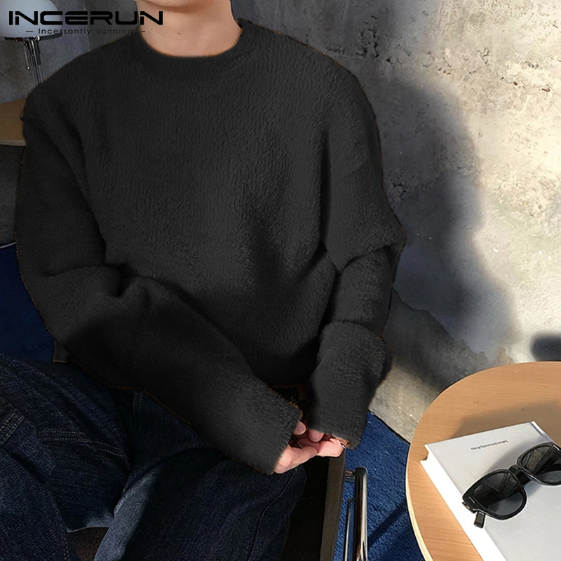 Incerun áo chui đầu lông cừu xù ấm áp dài tay cho nam áo len cổ tròn áo thun áo thun