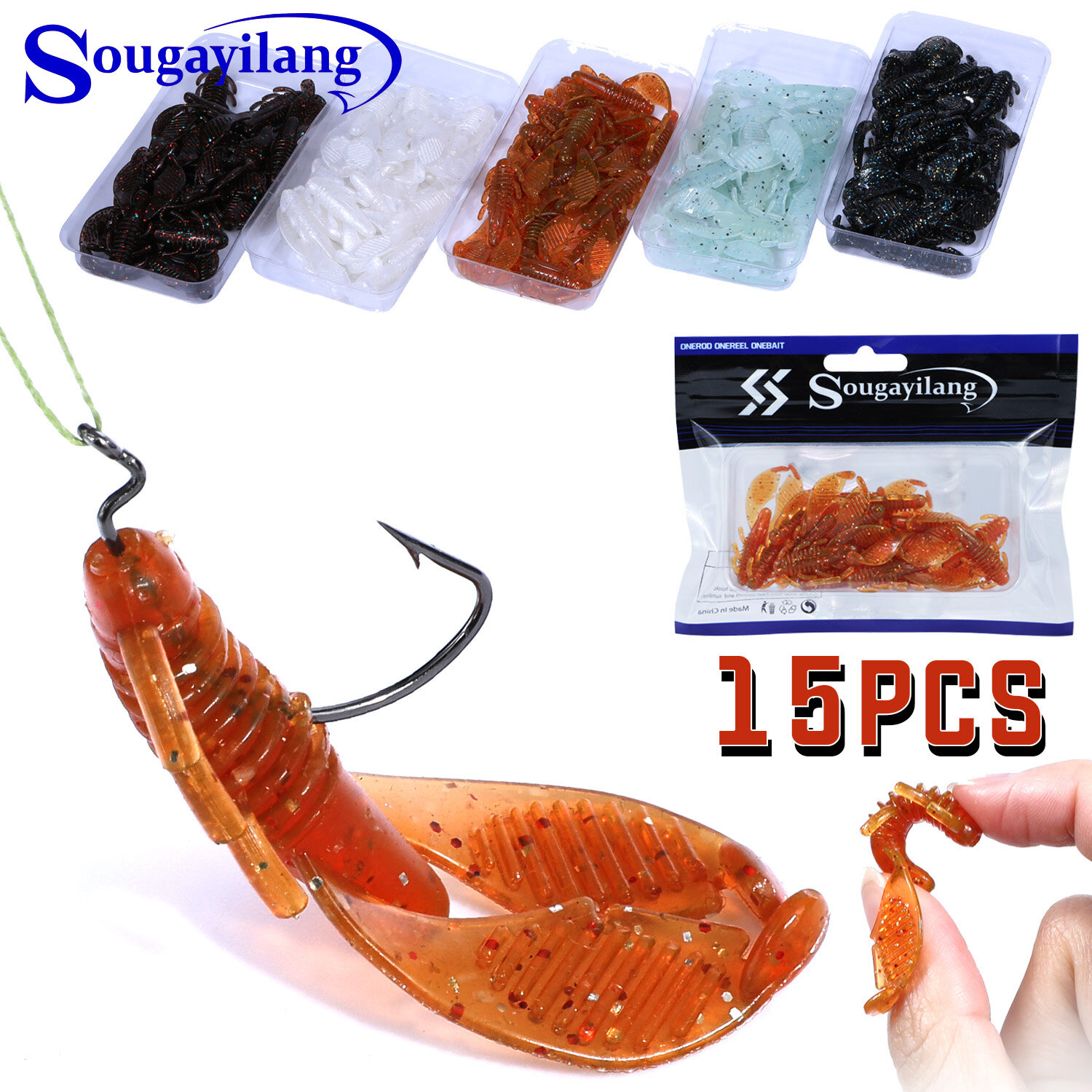 Mồi Mềm 15 Cái/bộ Mồi Tôm Giả 5Cm Silicone Dùng Cho Nước Muối Và Nước Ngọt