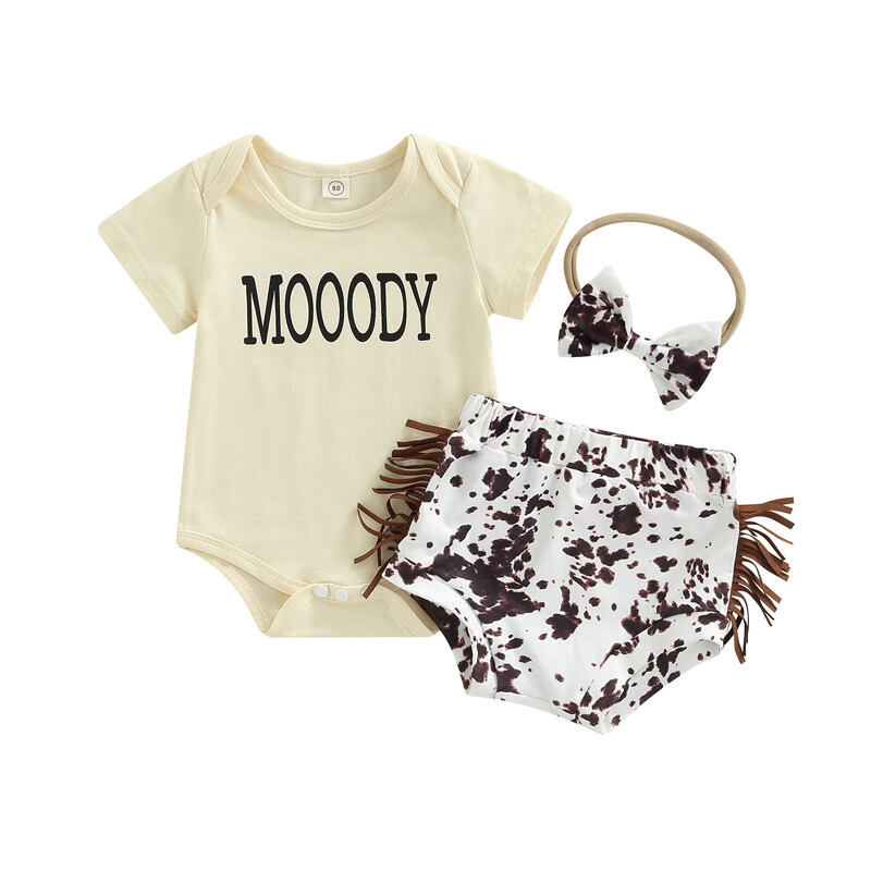 Mary's New Infant Baby Girls Casual Suit, Short Sleeve Letter Printed Romper Tops+Printed Tassel Shorts+Headband