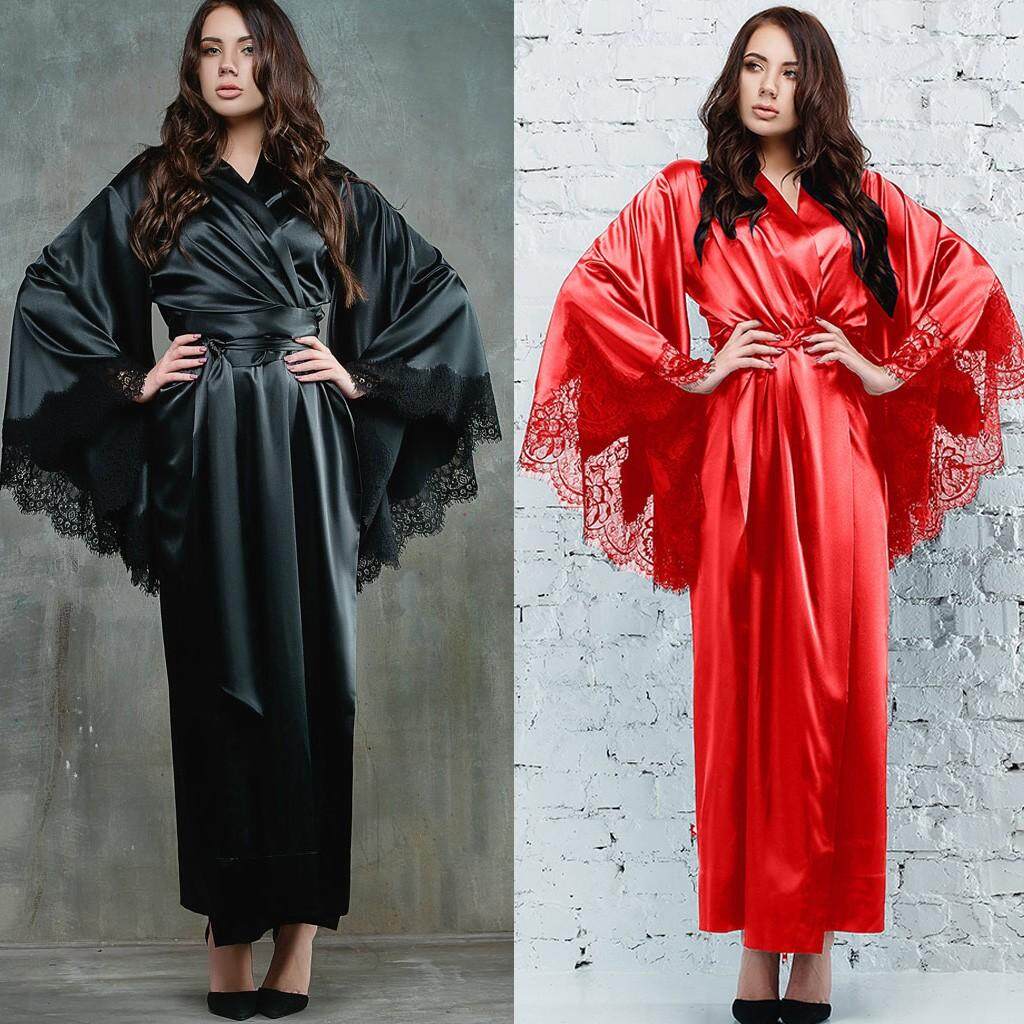 EEQ Áo Choàng Tắm Dài Kimono Ren Satin Gợi Cảm Cho Nữ Đồ Lót Đồ Ngủ Thắt Lưng Đồ Ngủ-Bộ Ngoại Cỡ Màu Đen 1