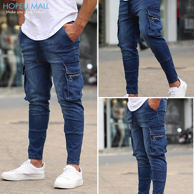 HOPEU Jeans Quần Túi Hộp Dáng Ôm Cho Nam, Quần Bò Nhiều Túi Thường Ngày Cho Nam Dây Kéo Trang Trí Quần Jogger Chân Nhỏ Co Giãn Ôm Sát Quần Bò Biker Dài Denim, Màu Xanh Đen