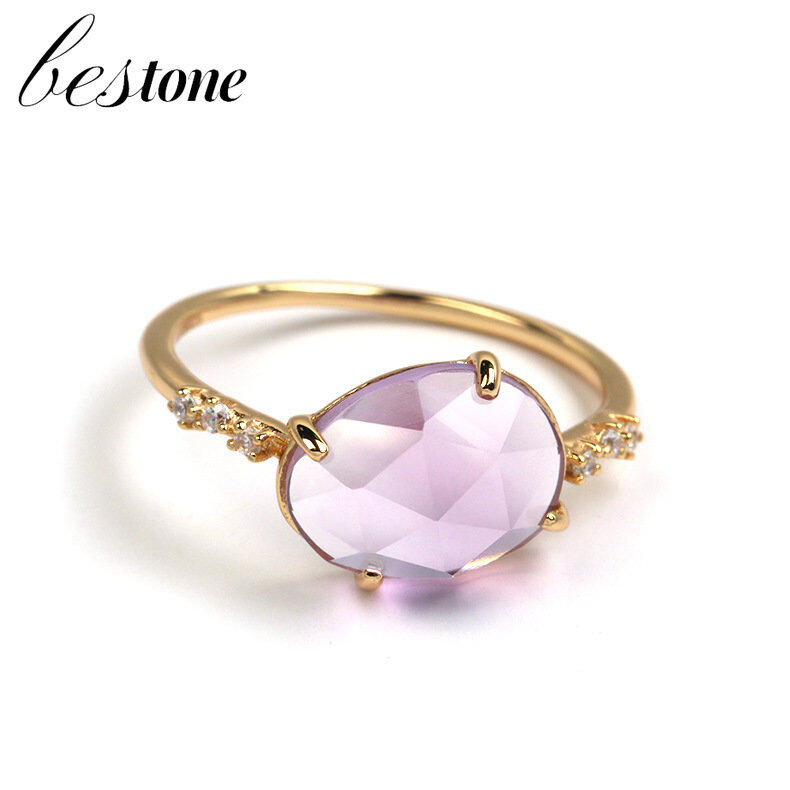 Bestone nhẫn thạch anh tím tự nhiên nhẫn vàng mạ bạc s925 cho nữ
