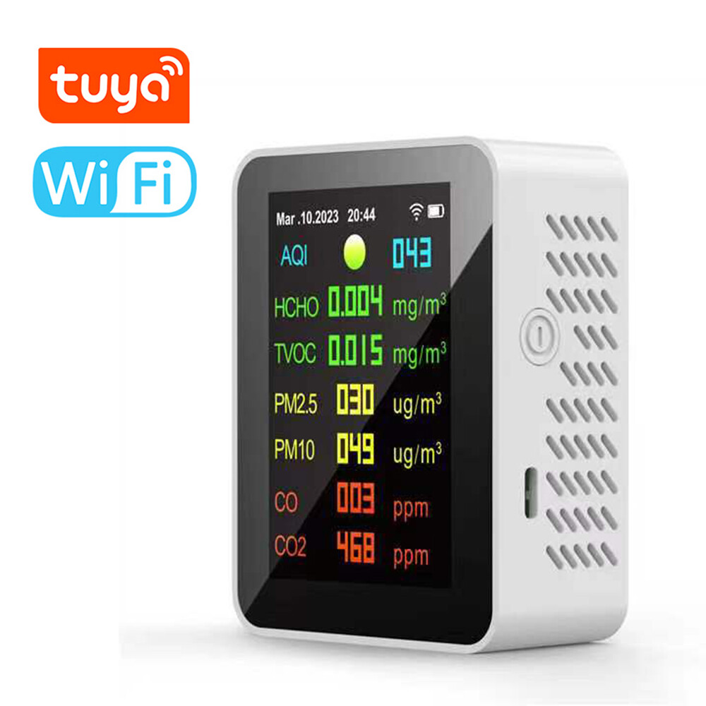  Máy Đo Chất Lượng Không Khí Cầm Tay Wifi Tuya Cảm Biến Thông Minh Máy Kiểm Tra AQI CO2 TVOC HCHO Oxit Cacbon PM2.5 PM10 7in1 Máy Dò Carbon Dioxide Màn Hình Màu TFT Với Chức Năng Hiển Thị Ngày Và Giờ 