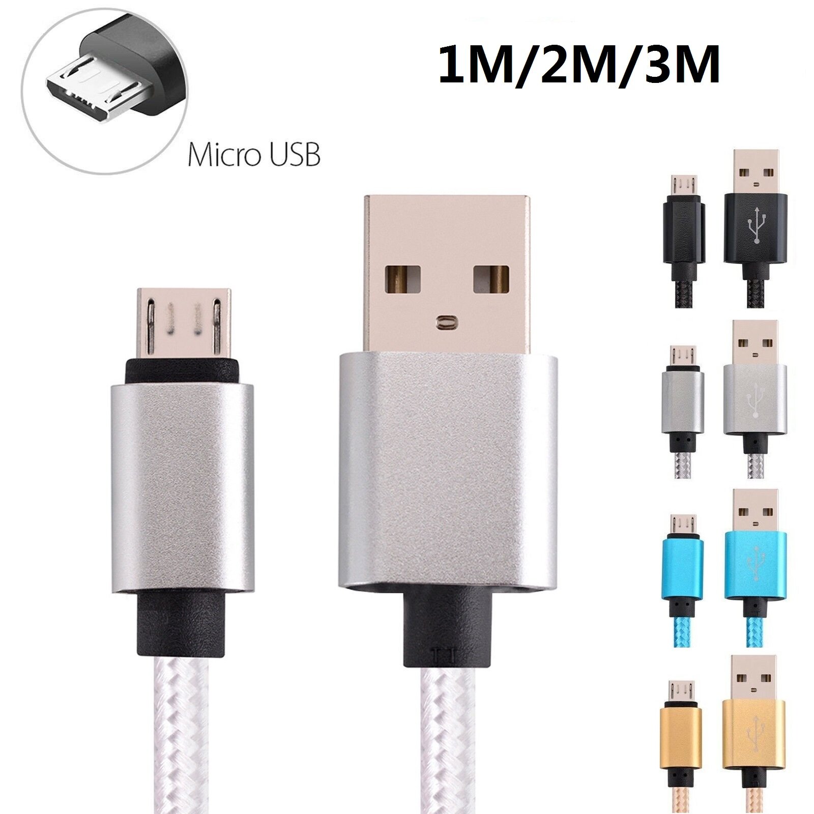 1M/2M/3M micro Bộ sạc nhanh cổng USB cáp đồng bộ dữ liệu dây bện cho micro USB điện thoại thông minh Android