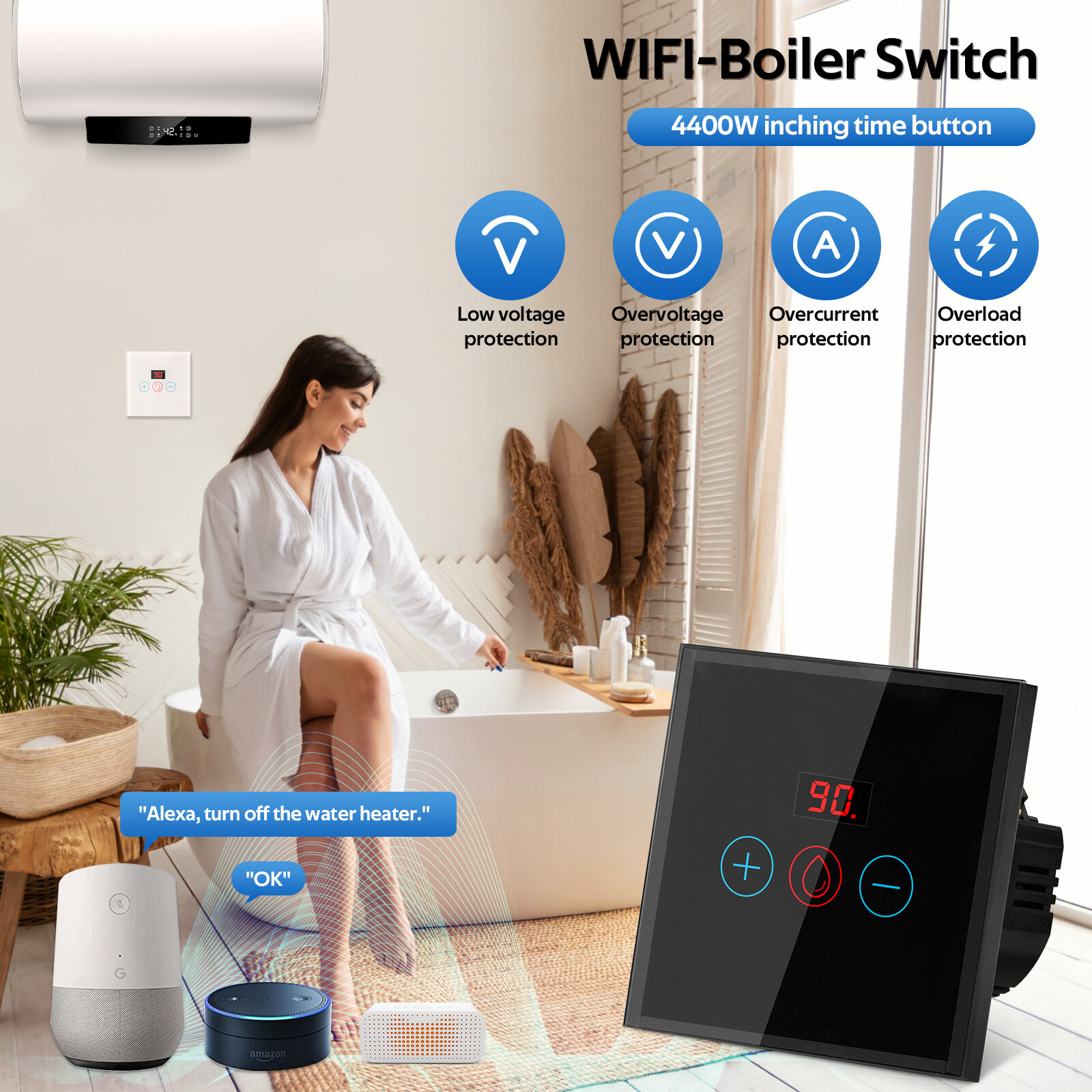 Smart Immersion Heater Timer Switch, 2.4Ghz WiFi Water Heater Switch, Smart  Wall Touch Boiler Switch With Timer Works With Alexa, Google Home And Smart  Life APP, White, 20A, 4400W | Lazada