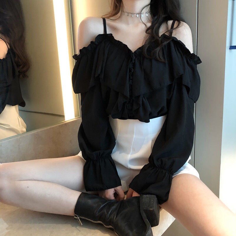 Áo rớt vai tay dài 2 dây bèo vai xinh xắn đen